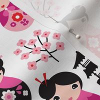 Japanese Geisha girls witch asian temple cats and cherry blossom in pink