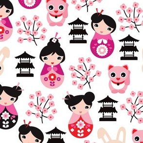 Japanese Geisha girls witch asian temple cats and cherry blossom in pink