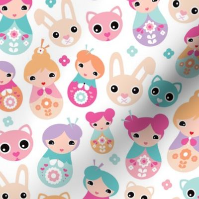 Cute pastel colored girls geisha pattern with bunny cat and cherry blossom colorful illustration print