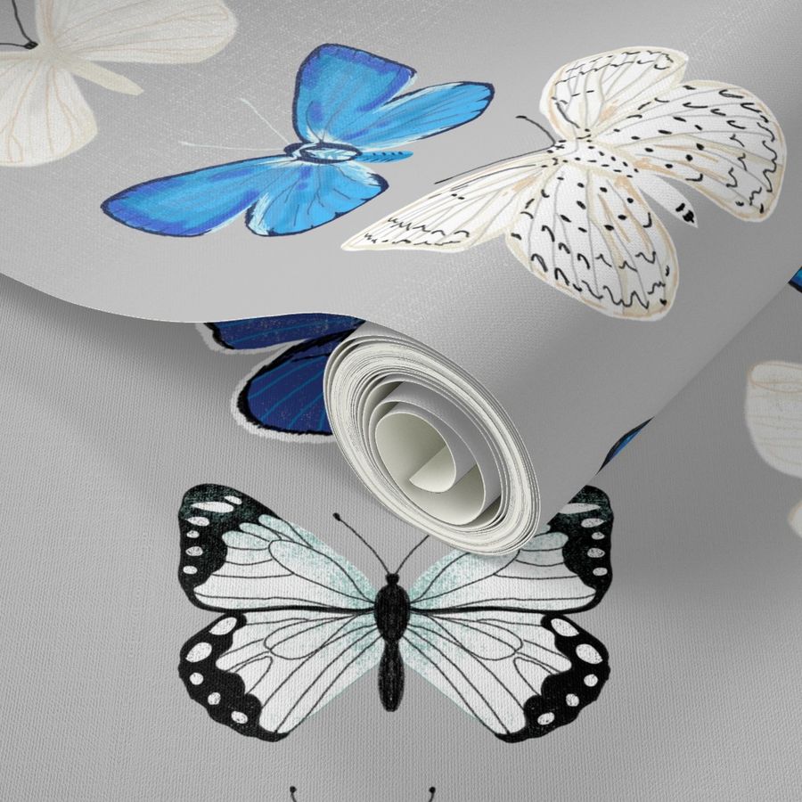 butterflies // grey and blue butterfly insect moth print