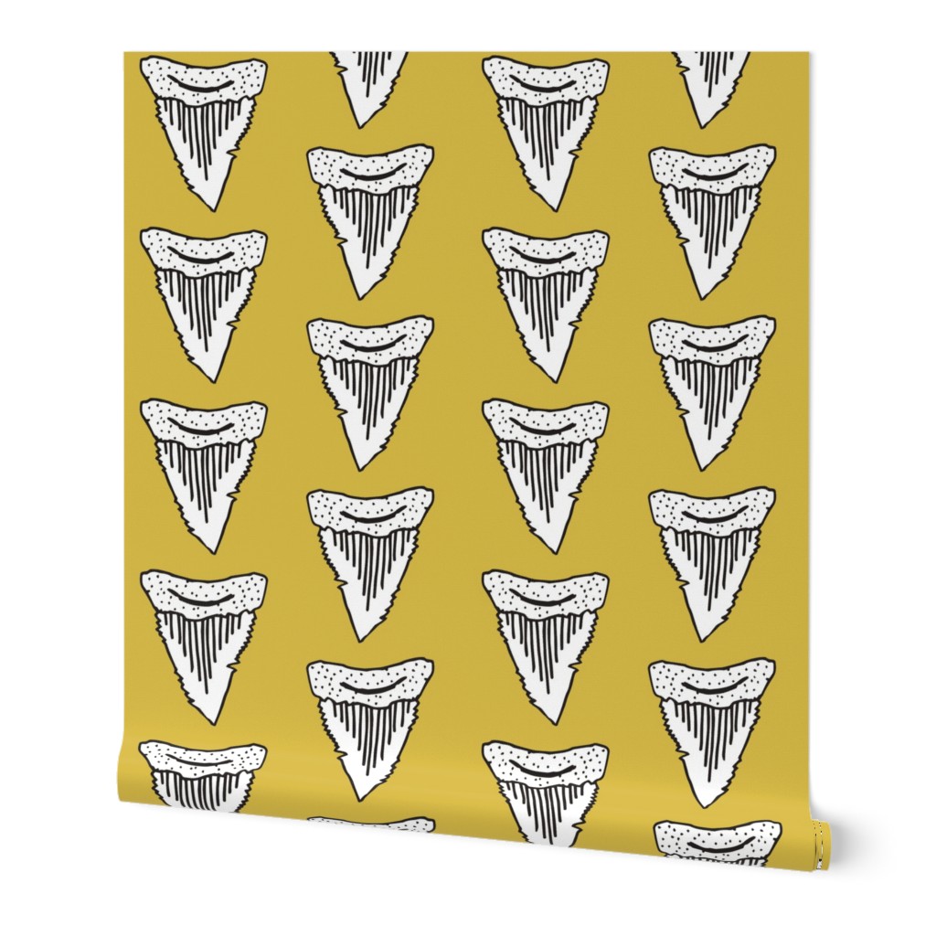 shark tooth // mustard yellow shark fabric boys room boys shark week fabric sharks