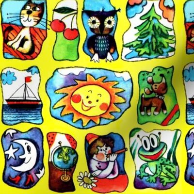 cats cherry owls pine trees yachts boats ships sea ocean sun dogs moon globes boy children daisy frogs toads vintage retro kitsch