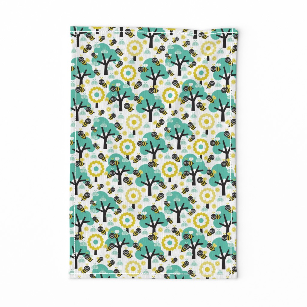 Buzzing spring bees - adorable bee spring woodland mint  illustration forest with flowers and trees