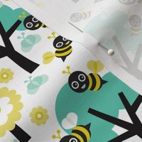 Buzzing spring bees - adorable bee spring woodland mint  illustration forest with flowers and trees