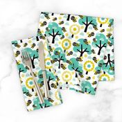 Buzzing spring bees - adorable bee spring woodland mint  illustration forest with flowers and trees