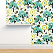 Buzzing spring bees - adorable bee spring woodland mint  illustration forest with flowers and trees