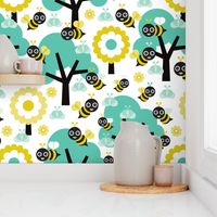 Buzzing spring bees - adorable bee spring woodland mint  illustration forest with flowers and trees