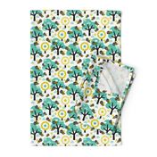 Buzzing spring bees - adorable bee spring woodland mint  illustration forest with flowers and trees