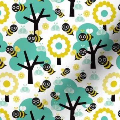 Buzzing spring bees - adorable bee spring woodland mint  illustration forest with flowers and trees