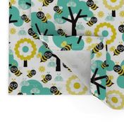 Buzzing spring bees - adorable bee spring woodland mint  illustration forest with flowers and trees