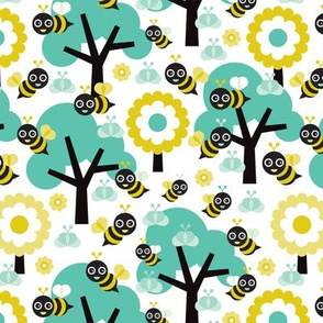 Buzzing spring bees - adorable bee spring woodland mint  illustration forest with flowers and trees