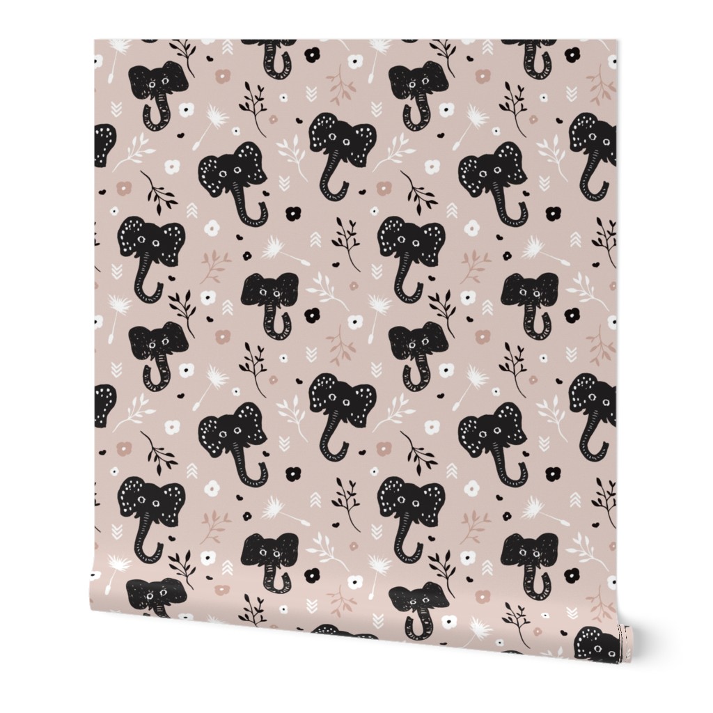 Cute gender neutral african elephant jungle theme illustration for kids beige black and white pattern