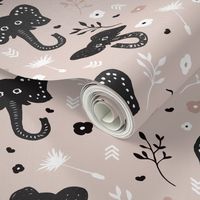 Cute gender neutral african elephant jungle theme illustration for kids beige black and white pattern