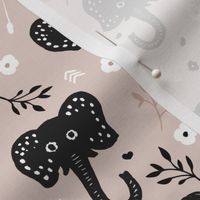 Cute gender neutral african elephant jungle theme illustration for kids beige black and white pattern