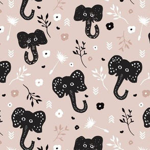 Cute gender neutral african elephant jungle theme illustration for kids beige black and white pattern