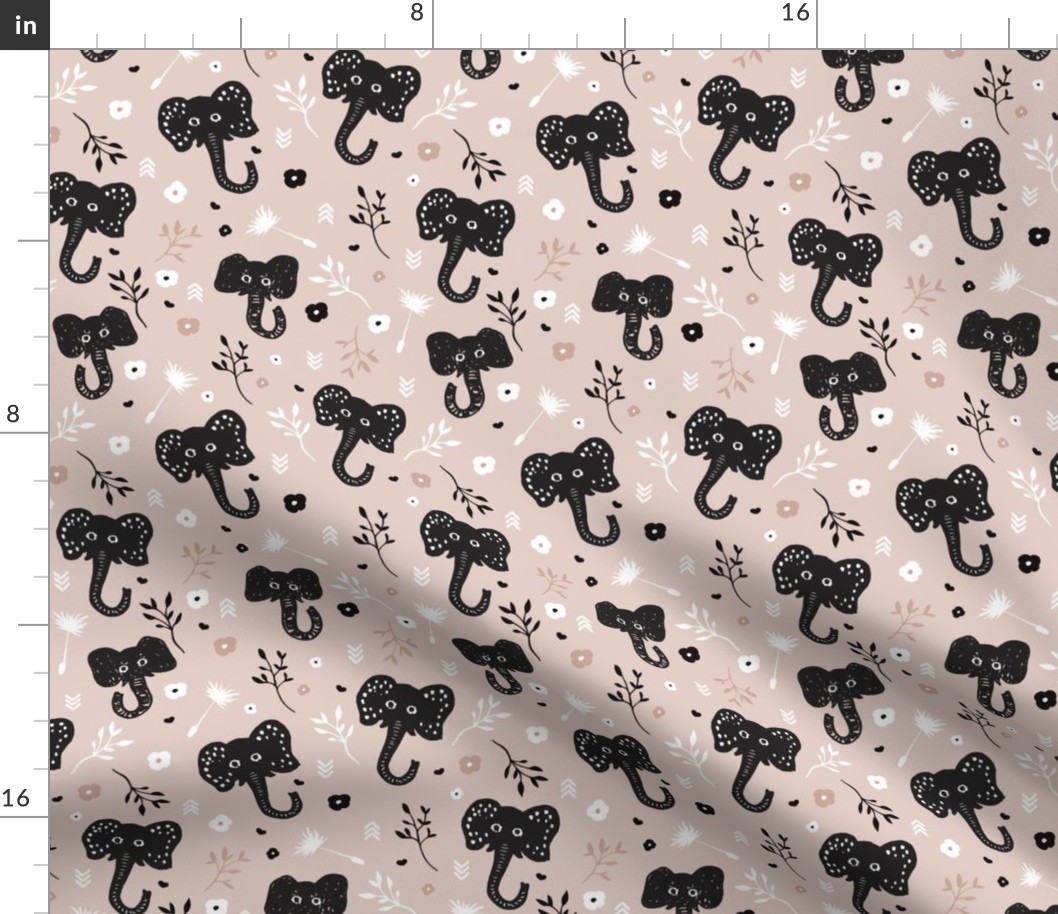 Cute gender neutral african elephant jungle theme illustration for kids beige black and white pattern