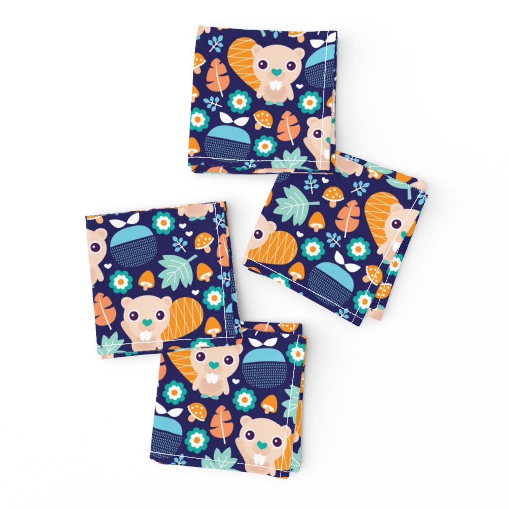 Cute little beaver fruit flowers and leaf fall woodland theme for boys