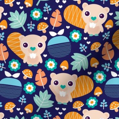 Cute little beaver fruit flowers and leaf fall woodland theme for boys