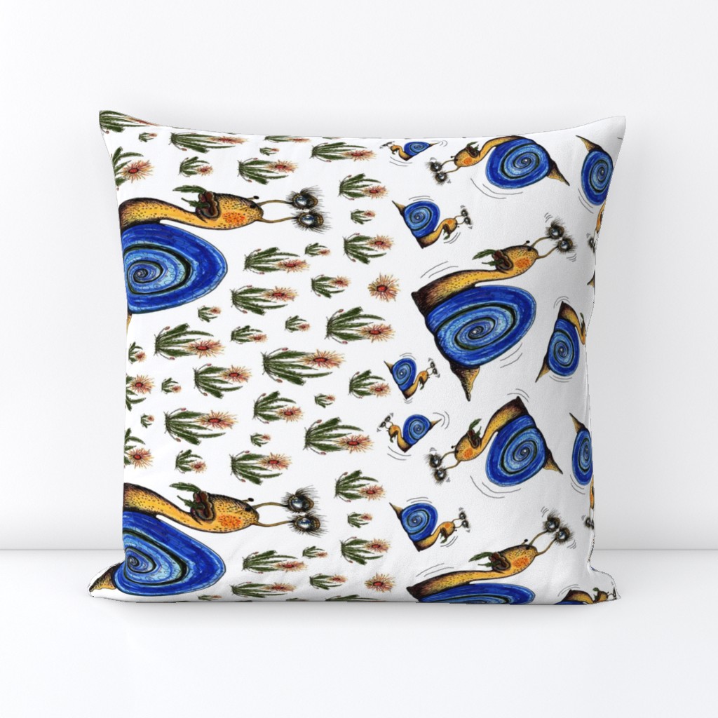 tossed snails and weeds border print, white blue green brown