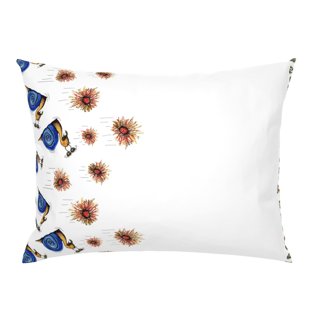 tossed snails and weeds border print, white blue green brown