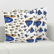 tossed snails and weeds border print, white blue green brown