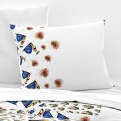 tossed snails and weeds border print, white blue green brown