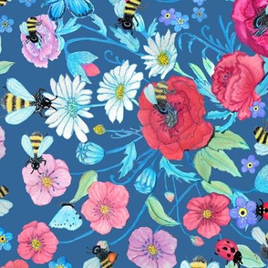 Wild Flowers, butterflies & bees , watercolor floral