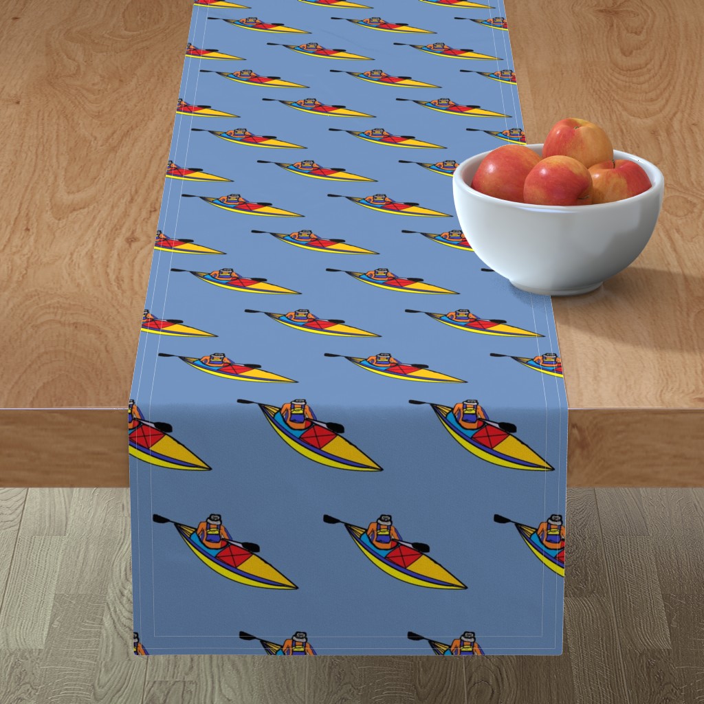 Minorca Table Runner featuring Kayaking_paddle_trip_Blue by kittykittypurrs