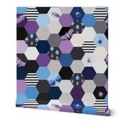 Hexagon Cheater Quilt - Purple & Blue Bugs