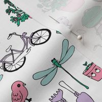 Spring and summer garden bbq bike birds and dragon fly icons of summer illustration print.