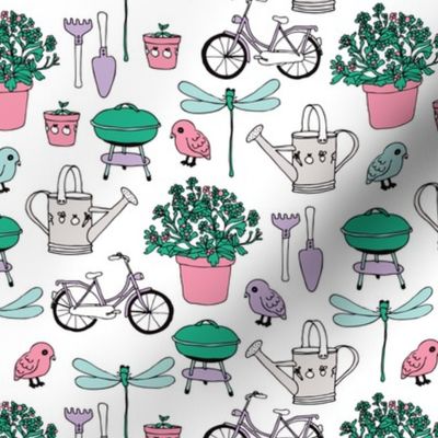 Spring and summer garden bbq bike birds and dragon fly icons of summer illustration print.