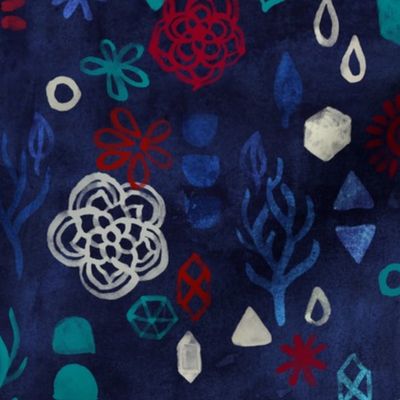 Elements - a watercolor pattern in red, cream & navy blue