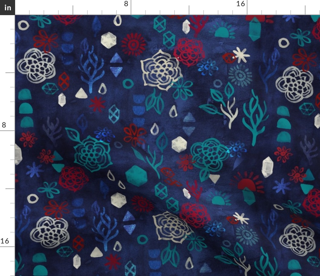 Elements - a watercolor pattern in red, cream & navy blue