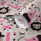 Geometric jungle zoo safari animals adorable kids design for girls black white pink and beige 