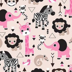 Geometric jungle zoo safari animals adorable kids design for girls black white pink and beige 