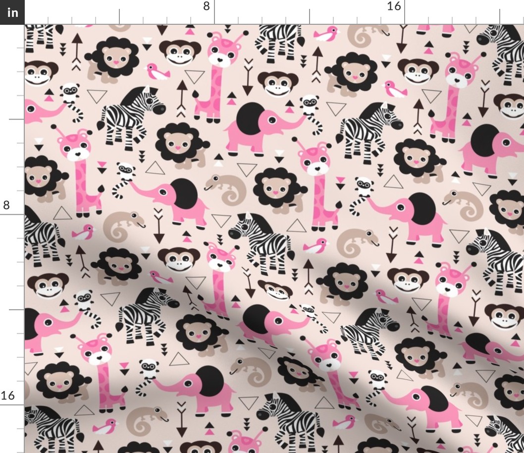 Geometric jungle zoo safari animals adorable kids design for girls black white pink and beige 