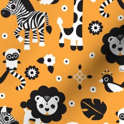 Oriental circus animals zoo theme with giraffe lion monkey elephant zebra and birds orange illustration pattern for kids