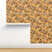 Oriental circus animals zoo theme with giraffe lion monkey elephant zebra and birds orange illustration pattern for kids