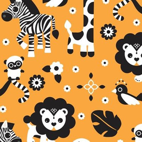 Oriental circus animals zoo theme with giraffe lion monkey elephant zebra and birds orange illustration pattern for kids