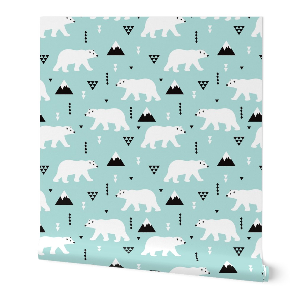 Cute polar bear mint blue winter mountain geometric triangle print XL
