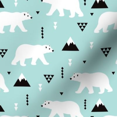 Cute polar bear mint blue winter mountain geometric triangle print XL