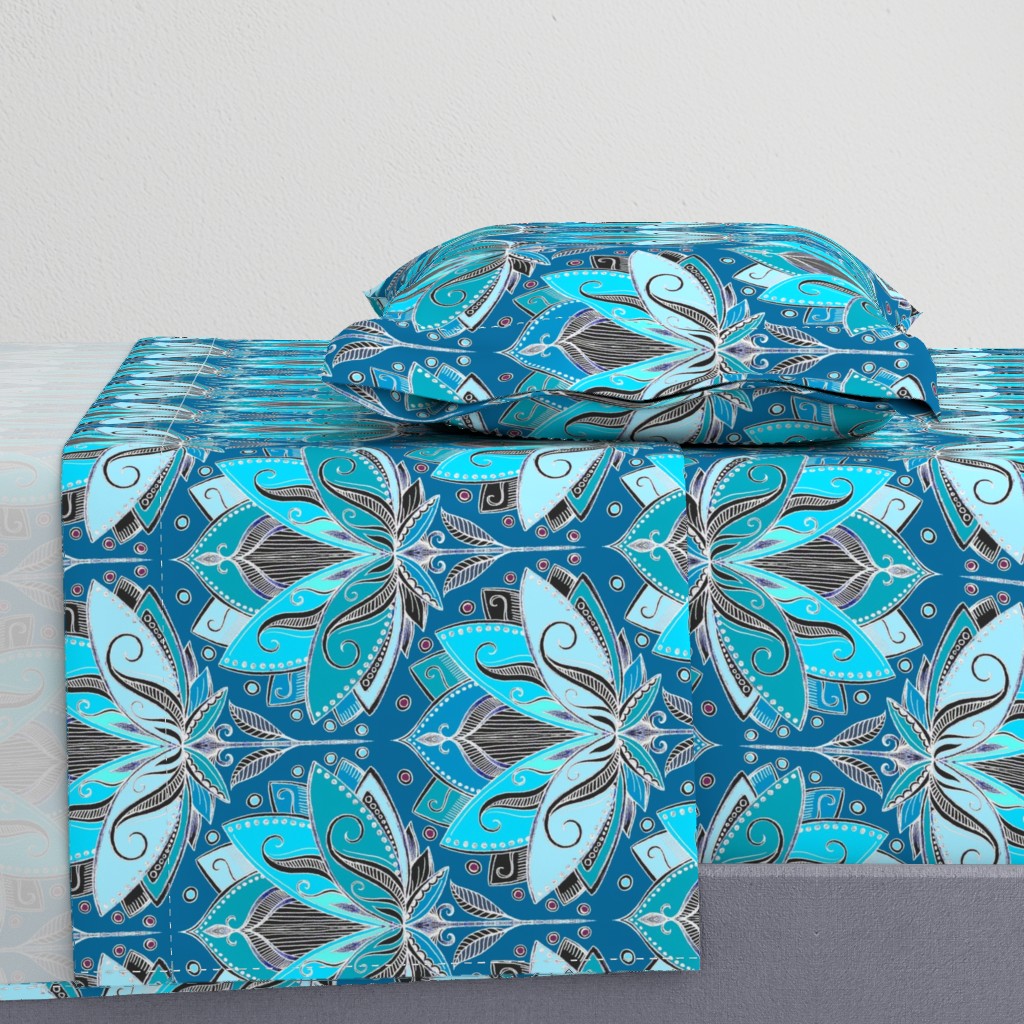 Art Deco Lotus Rising in Teal, Turquoise & Black