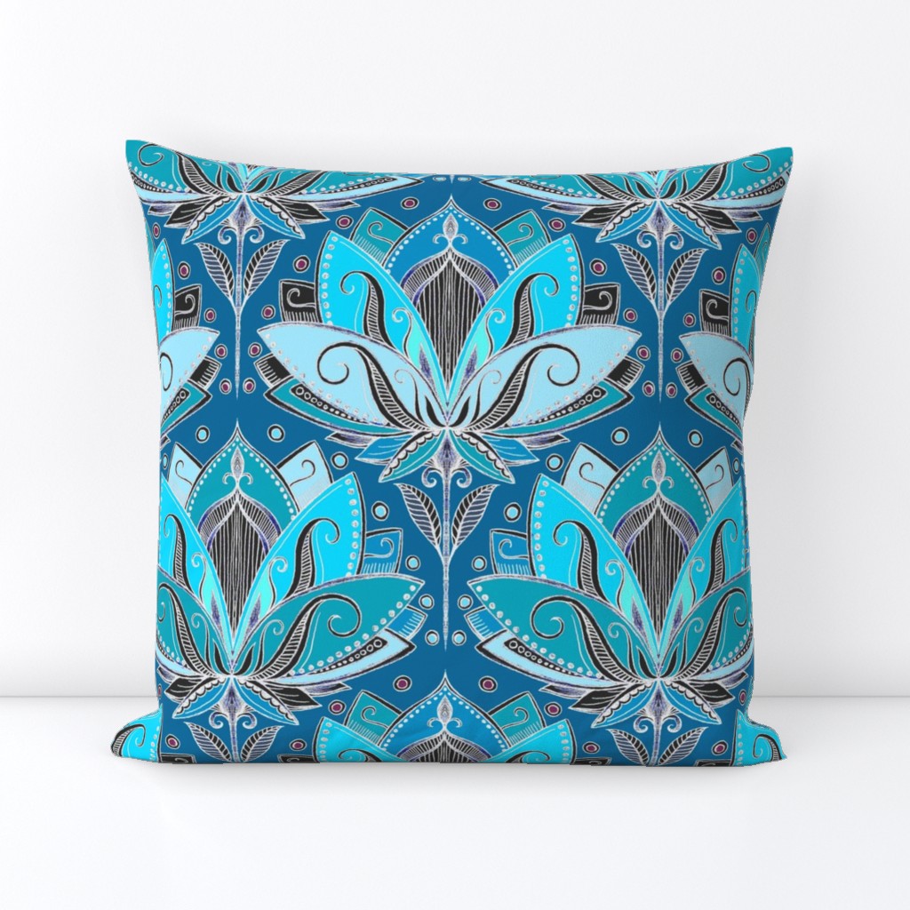 Art Deco Lotus Rising in Teal, Turquoise & Black