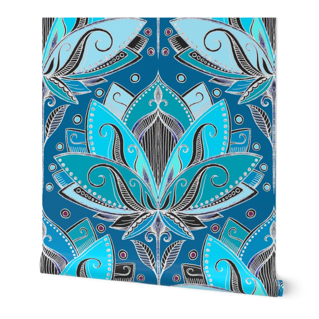 Art Deco Lotus Rising in Teal, Turquoise & Black