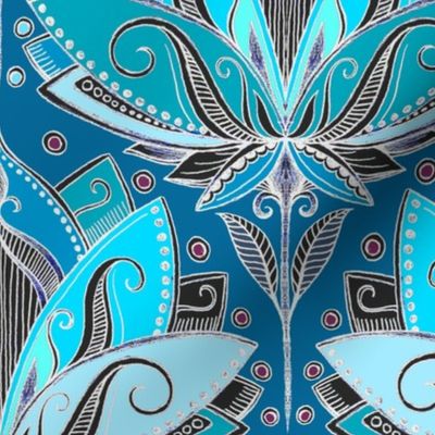 Art Deco Lotus Rising in Teal, Turquoise & Black