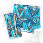 Art Deco Lotus Rising in Teal, Turquoise & Black