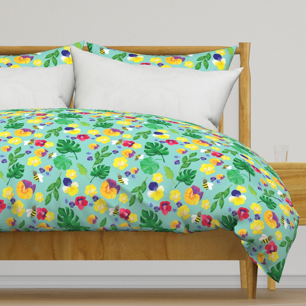 Floral Pansy and bee in aqua 