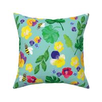 Floral Pansy and bee in aqua 