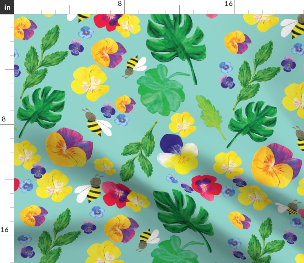 Floral Pansy and bee in aqua 