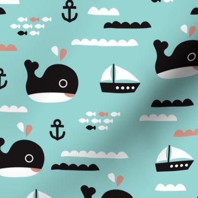 Cute pink ocean whale and deep sea sailing boat and anchor fish theme illustration print XL